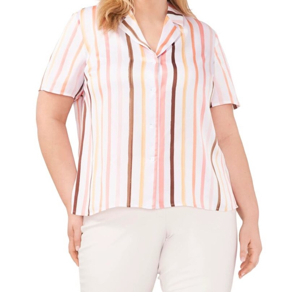 Halogen button front stripe top/shirt , NWT, pink and brown tones on white, 2X